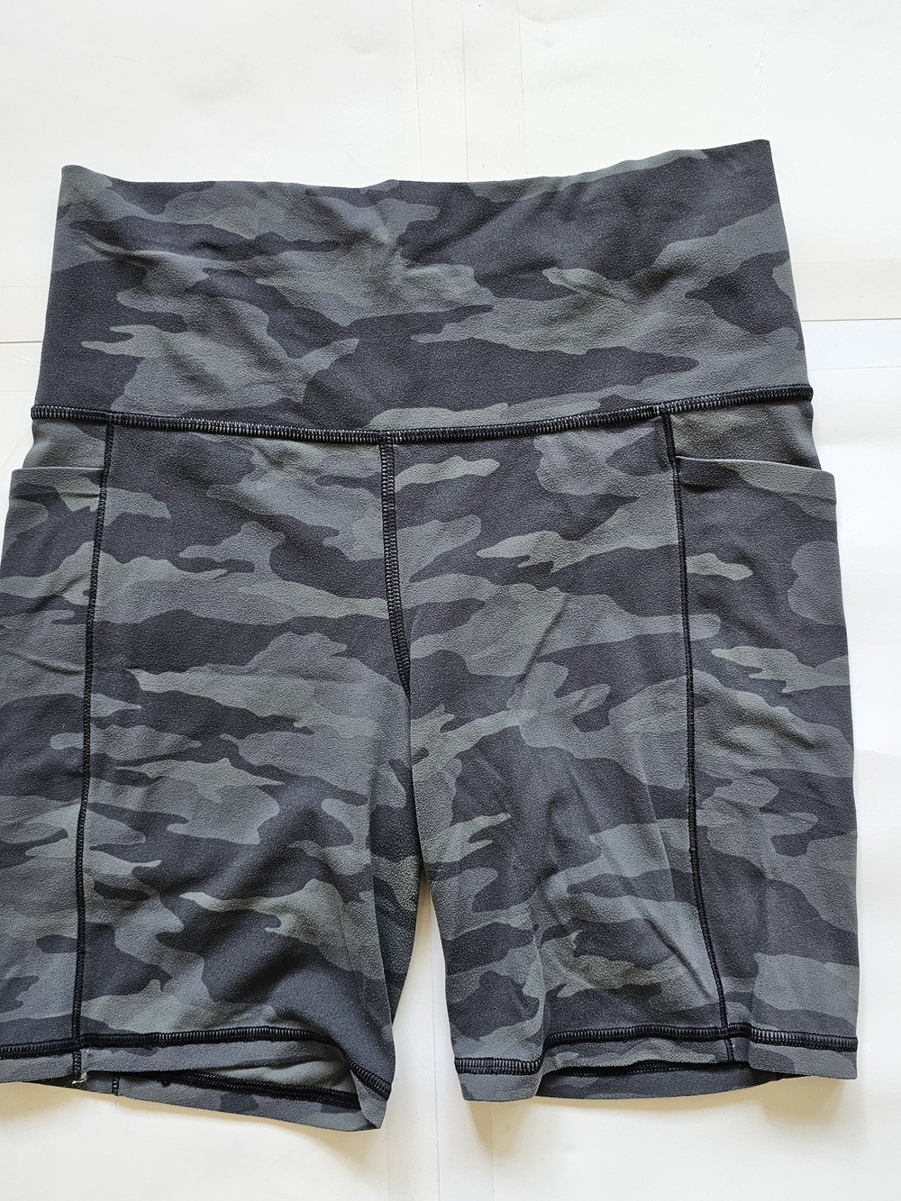 Athleta Black and Gray Camo High-Waist Bike Shorts with Side Pockets